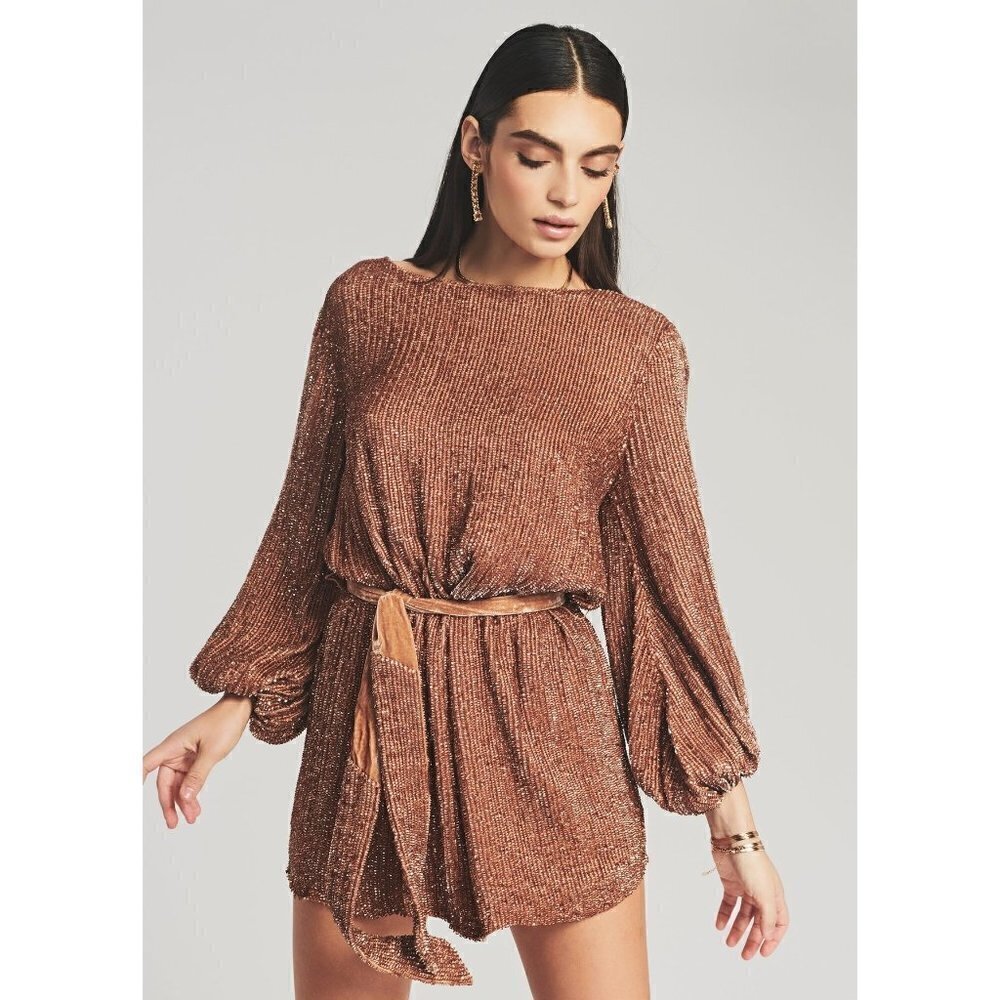 Retrofete Grace Sequin Long Sleeve Mini Dress with Velvet Tie Belt Bronze Size S